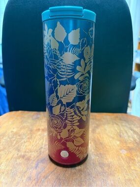 Starbucks Turquoise to Magenta Floral Gold-Leaf Travel Tumbler